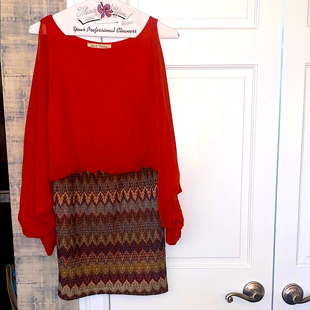 Orange Cold Shoulder Top with Patterned Skirt